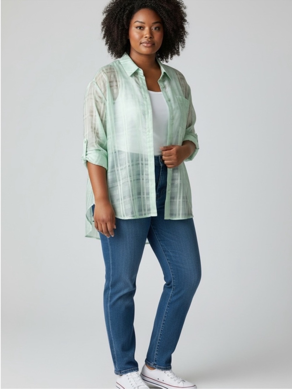 Sheer Mint Plaid Button-Down Shirt from Petal Dew for Ladies Lg.